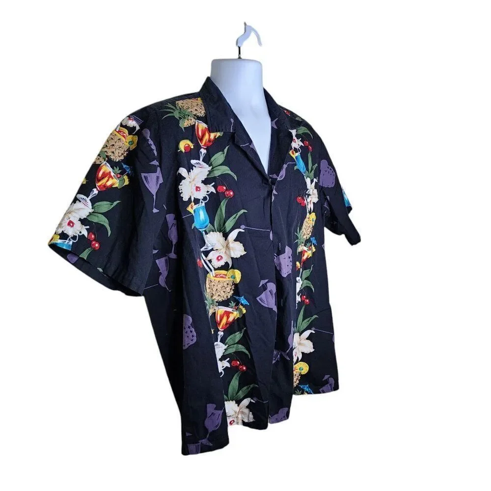 Vintage 80s Short Sleeve Button Up Hawaiian Shirt Mens Size XL Black Cocktails